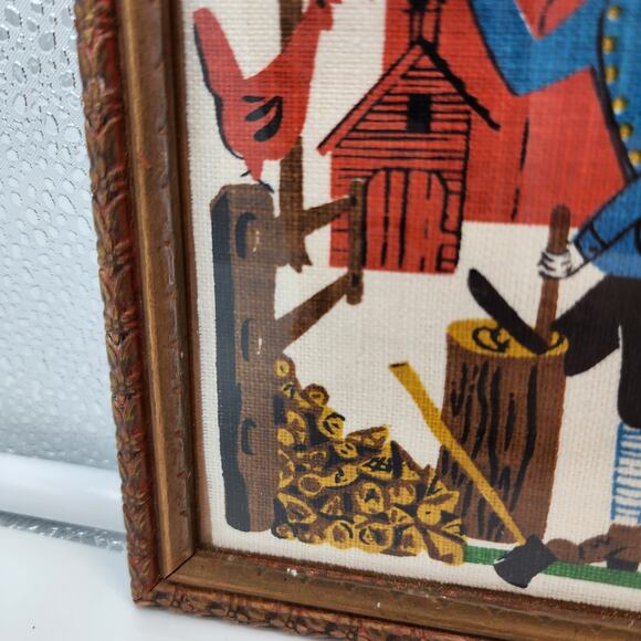 Antique Amish Colonial Farmer Framed Linen Folk Art Woven Hand Painted Rare - Picture 7 of 10
